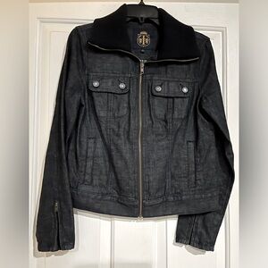 Talbots denim jacket. Knit collar, full zipper. Chest pockets. Zipper at sleeves